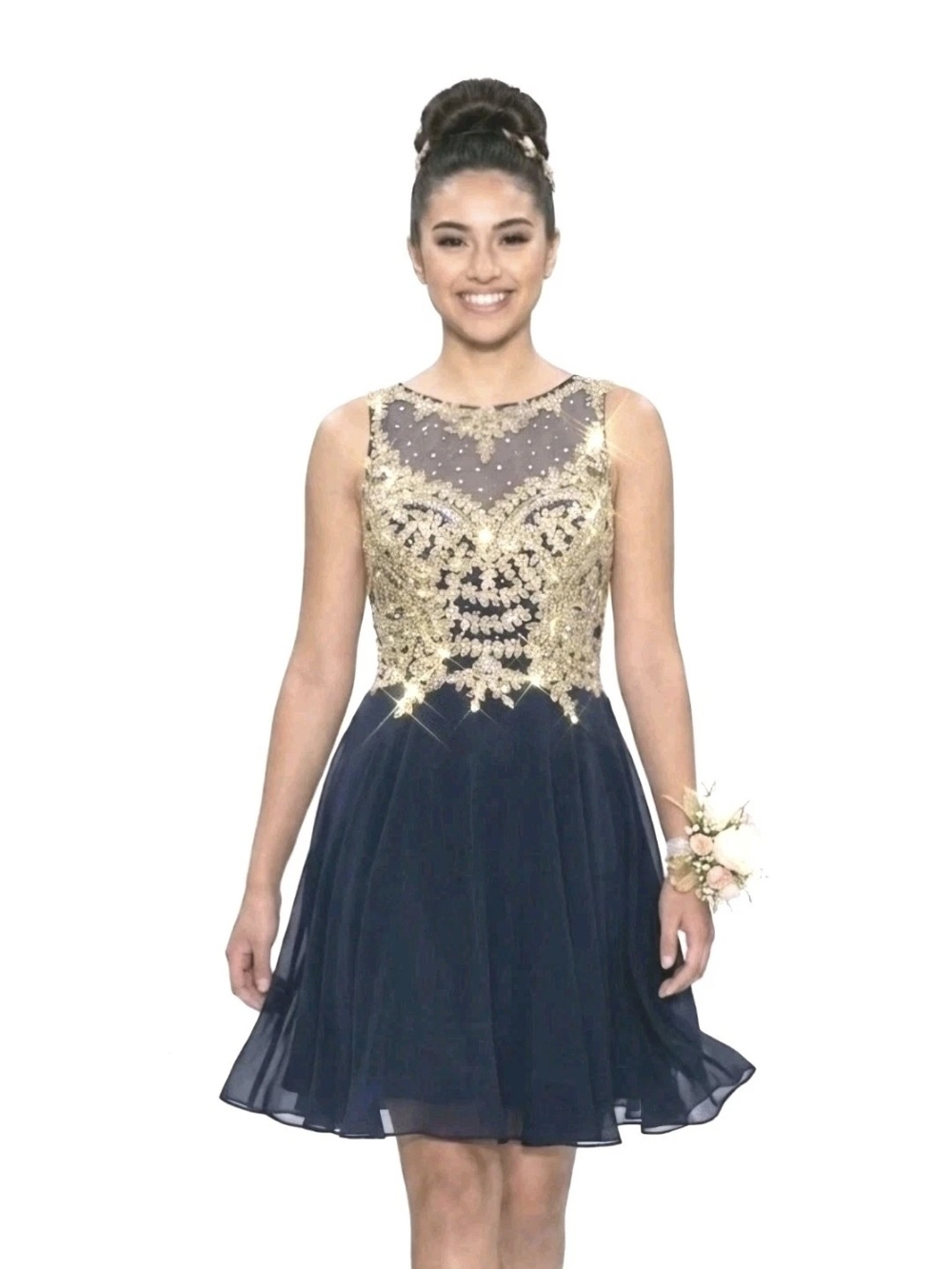 XSCAPE Navy Blue & Gold Lace Cocktail Mini Dress Women's Size 6 PROM Wedding